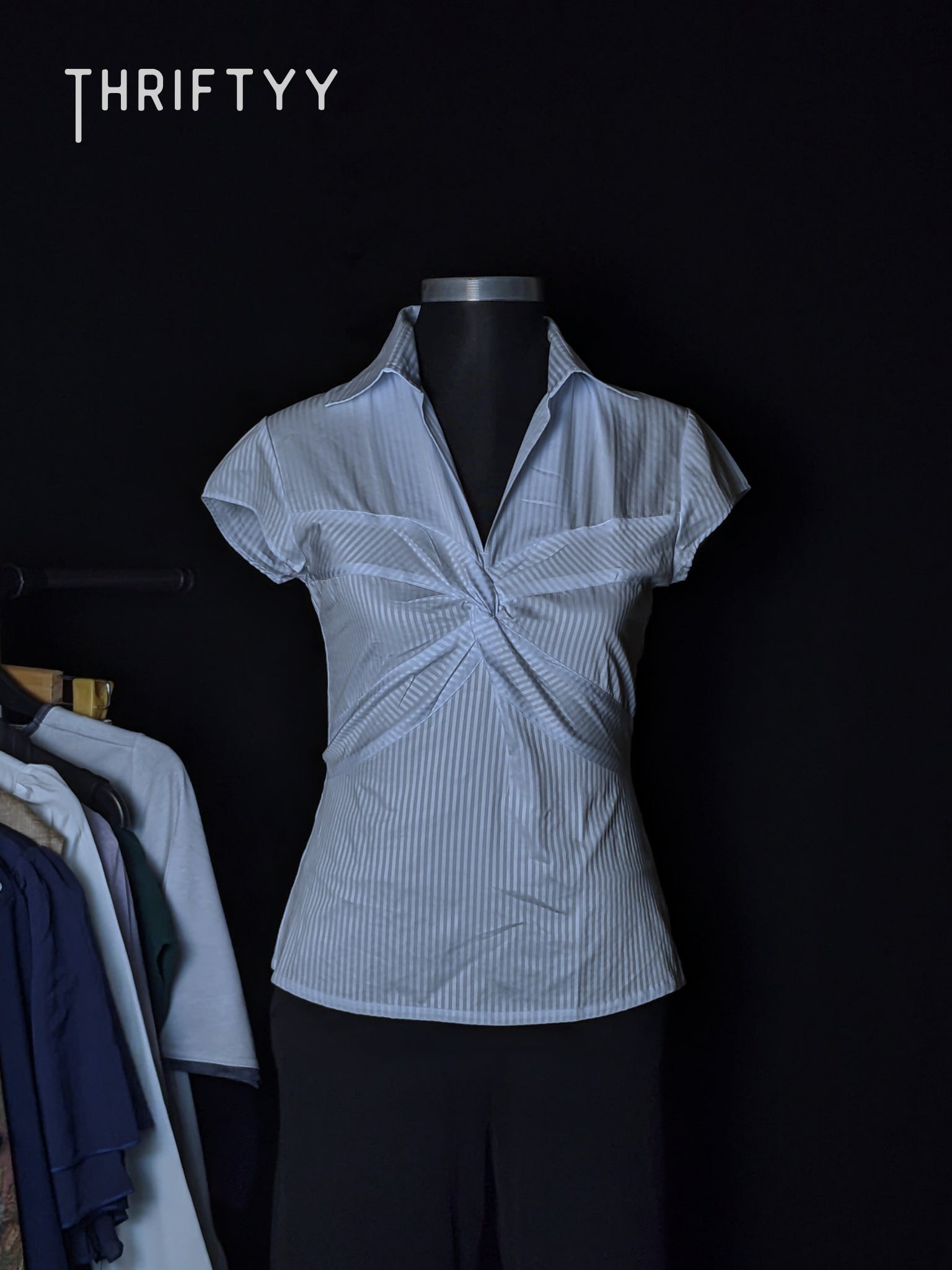 Pale Blue Striped Twist-Front Shirt