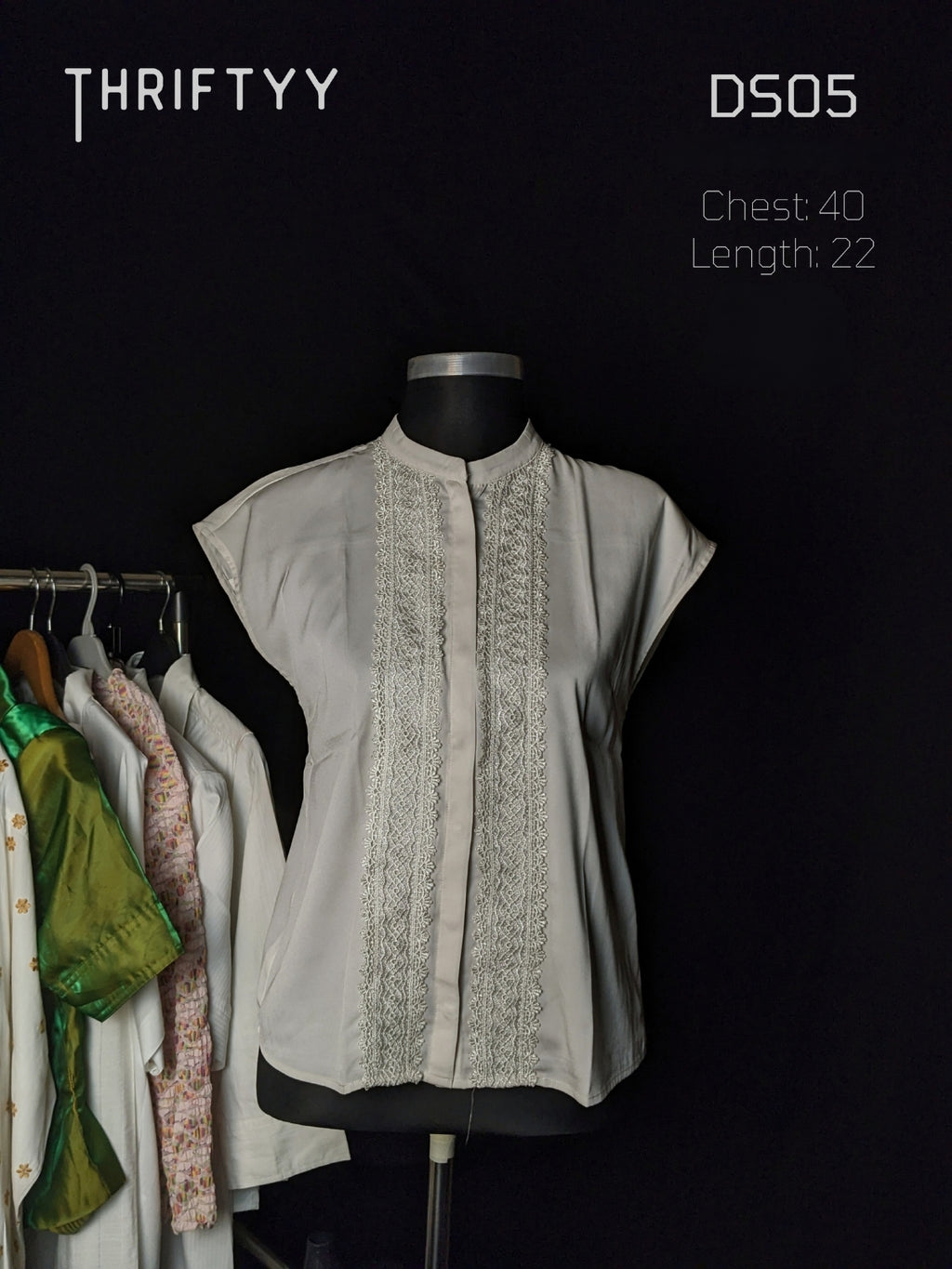 Lace-Panel Mandarin Collar Cap-Sleeve Top