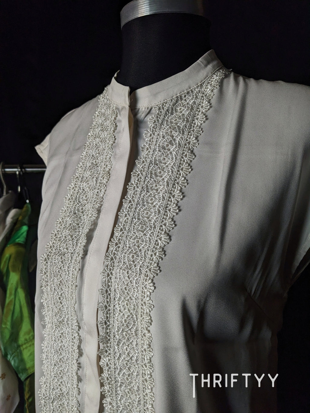 Lace-Panel Mandarin Collar Cap-Sleeve Top