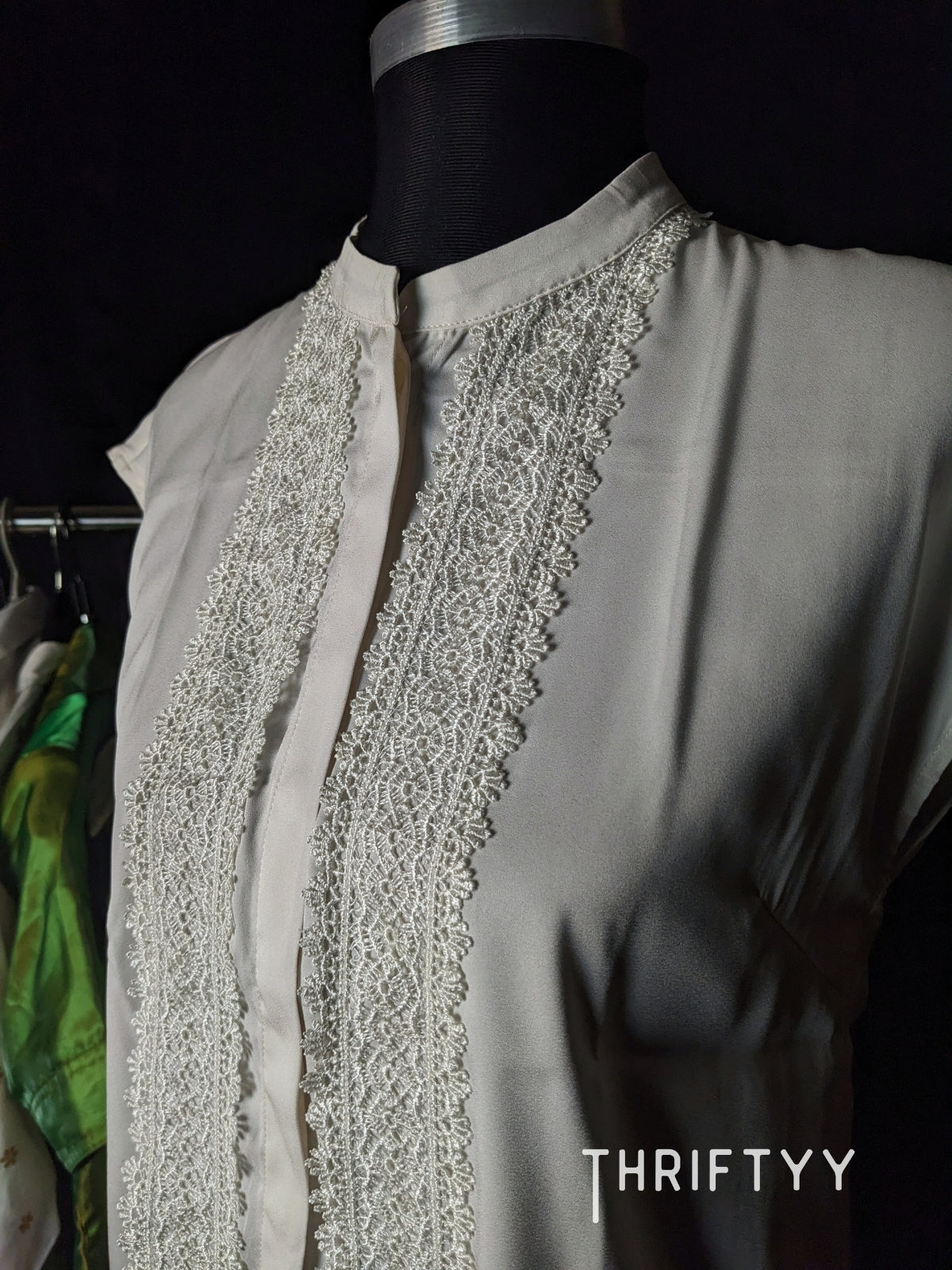 Lace-Panel Mandarin Collar Cap-Sleeve Top