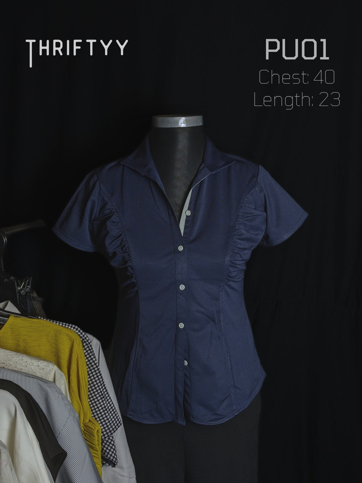Ruched Short-Sleeve Navy Shirt