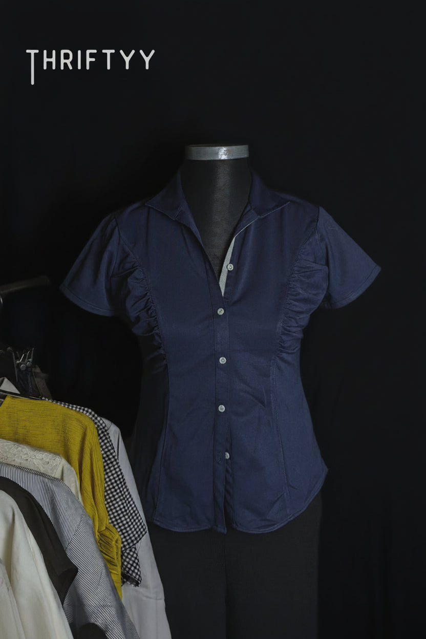 Ruched Short-Sleeve Navy Shirt