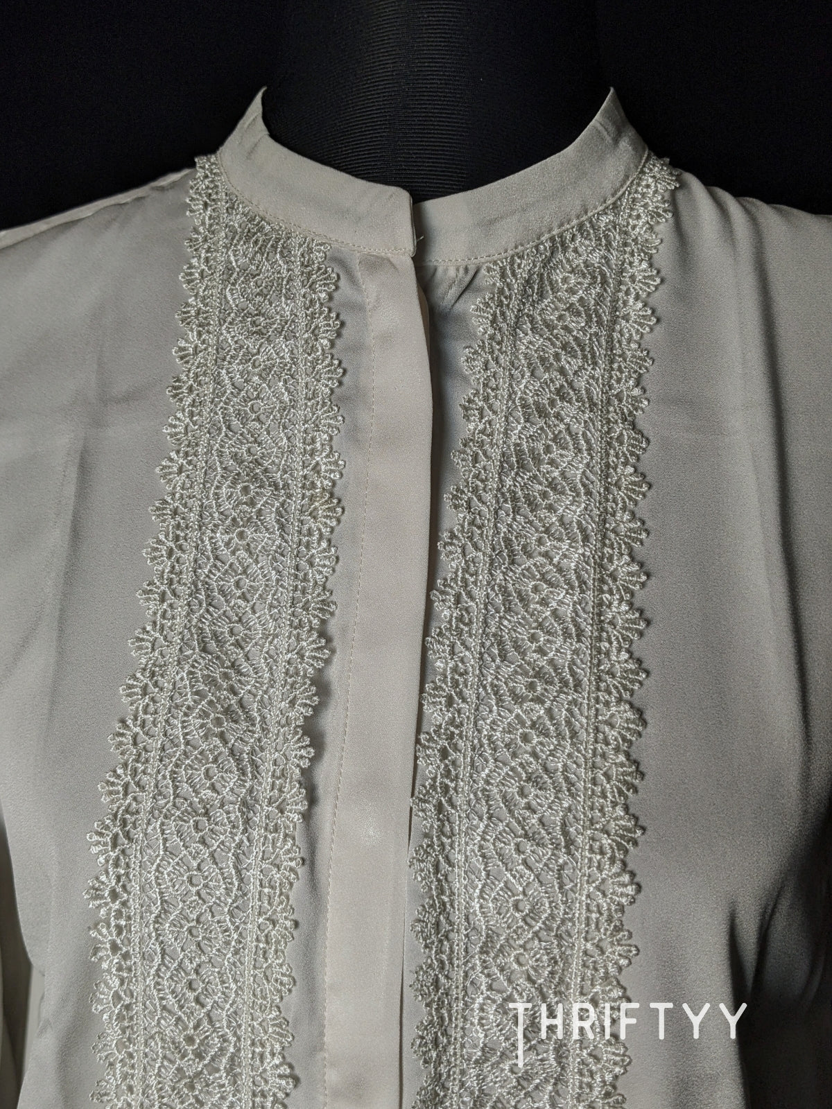 Lace-Panel Mandarin Collar Cap-Sleeve Top